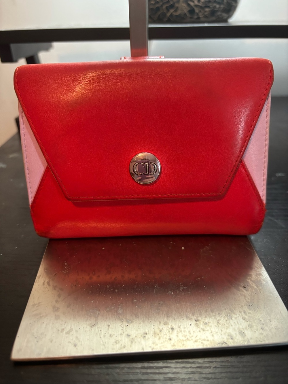 Authentic Christian Dior Diorissimo Envelope Small Wallet Bi-Color Red & Pink